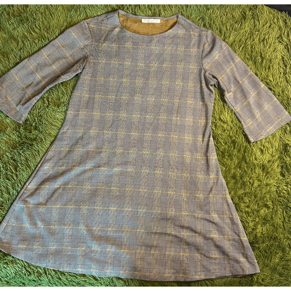 Bryn Walker Dress Women Large Gray Yellow Glen Plaid ALine 3/4 Bell Sleeve Tunic